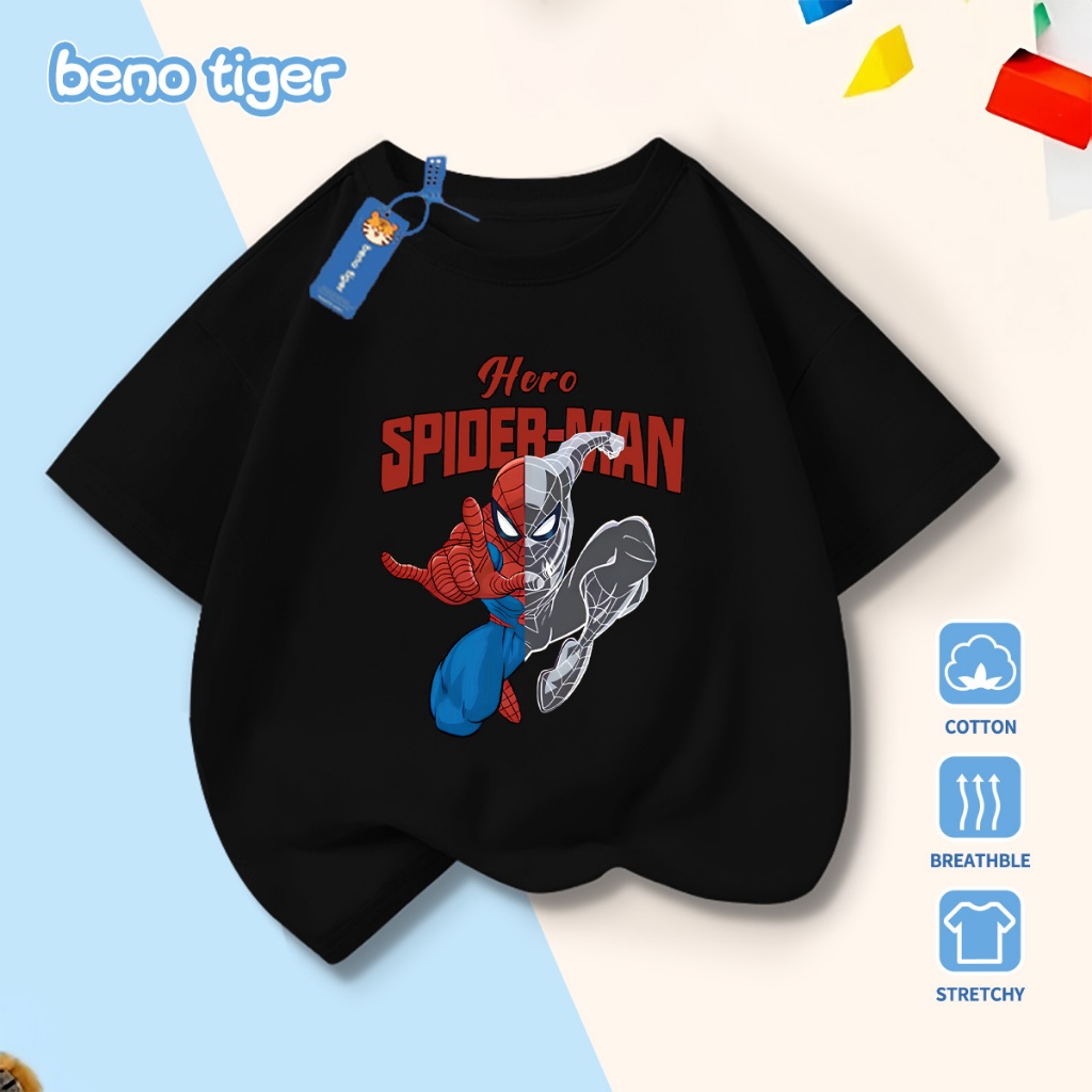 Áo thun bé trai BenoTiger áo phông cộc tay cho bé in hình Spider-Man chất thun cotton mềm mịn thấm hút mồ hôi