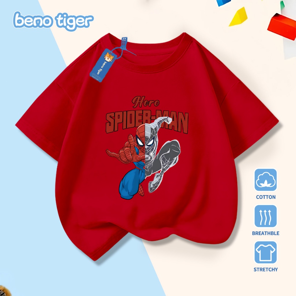 Áo thun bé trai BenoTiger áo phông cộc tay cho bé in hình Spider-Man chất thun cotton mềm mịn thấm hút mồ hôi