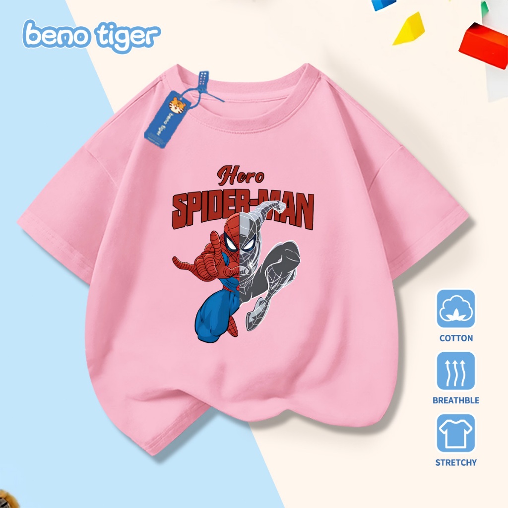 Áo thun bé trai BenoTiger áo phông cộc tay cho bé in hình Spider-Man chất thun cotton mềm mịn thấm hút mồ hôi