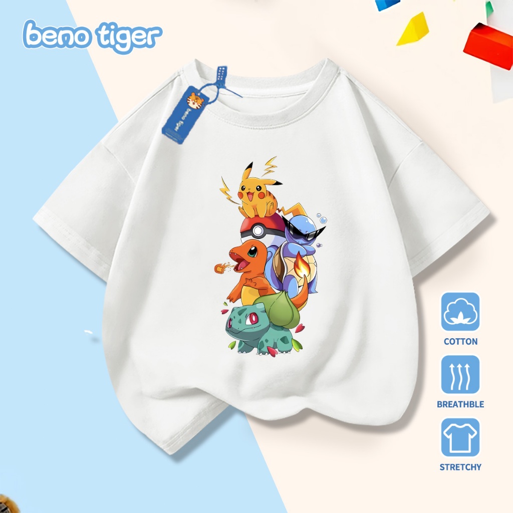Áo thun bé trai BenoTiger áo phông cộc tay cho bé in hình Pokémon chất thun cotton mềm mịn thấm hút mồ hôi