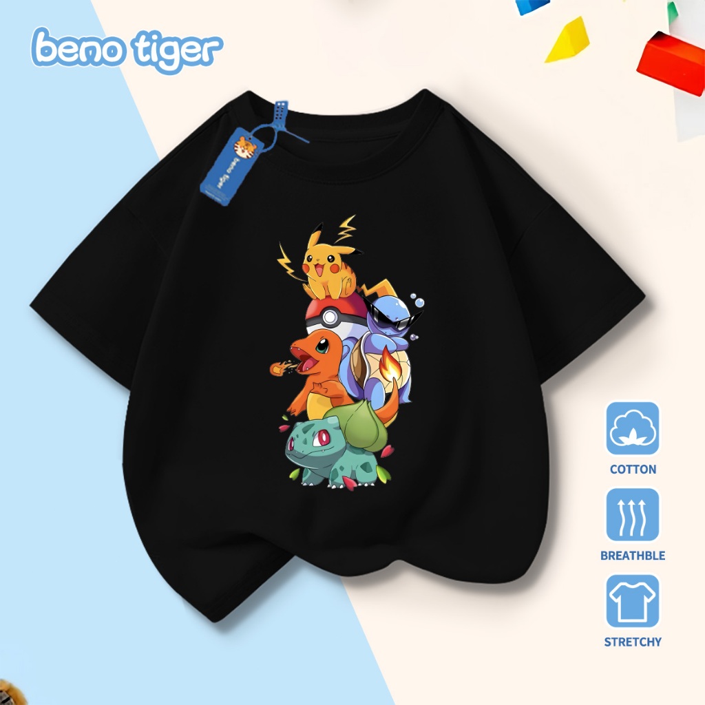 Áo thun bé trai BenoTiger áo phông cộc tay cho bé in hình Pokémon chất thun cotton mềm mịn thấm hút mồ hôi