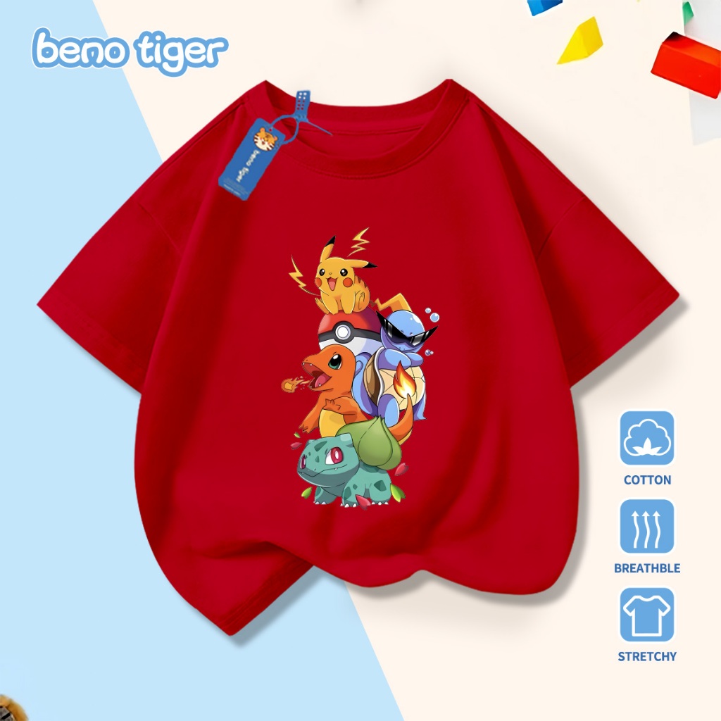 Áo thun bé trai BenoTiger áo phông cộc tay cho bé in hình Pokémon chất thun cotton mềm mịn thấm hút mồ hôi