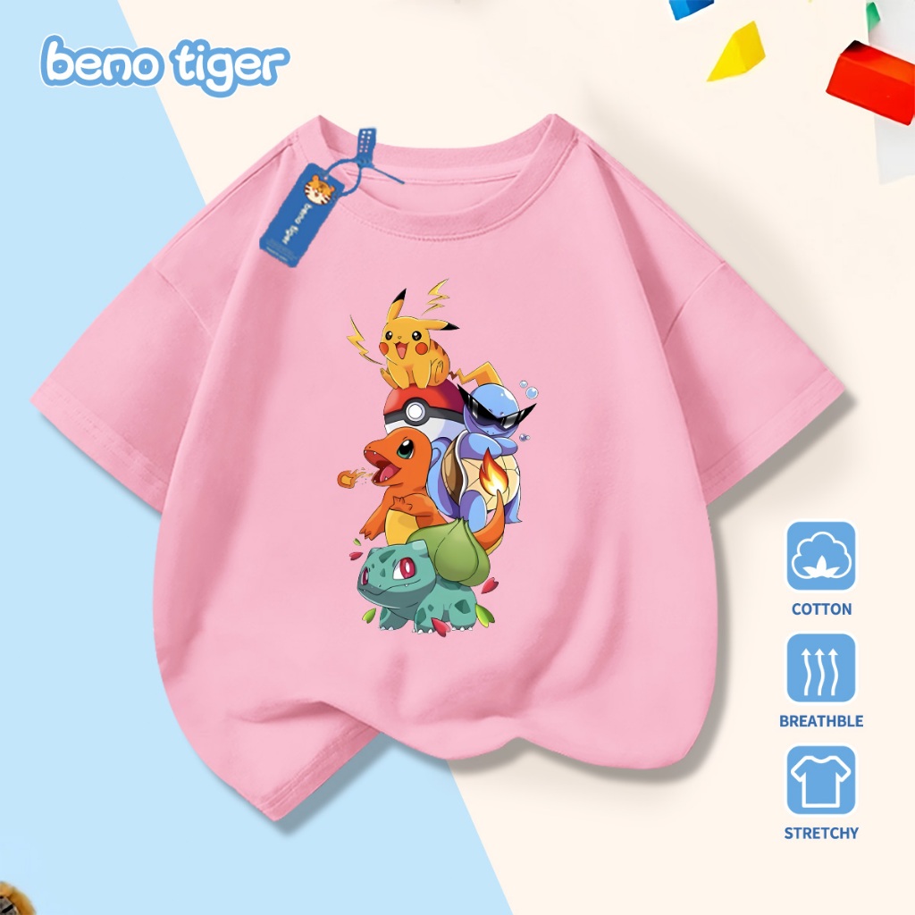 Áo thun bé trai BenoTiger áo phông cộc tay cho bé in hình Pokémon chất thun cotton mềm mịn thấm hút mồ hôi