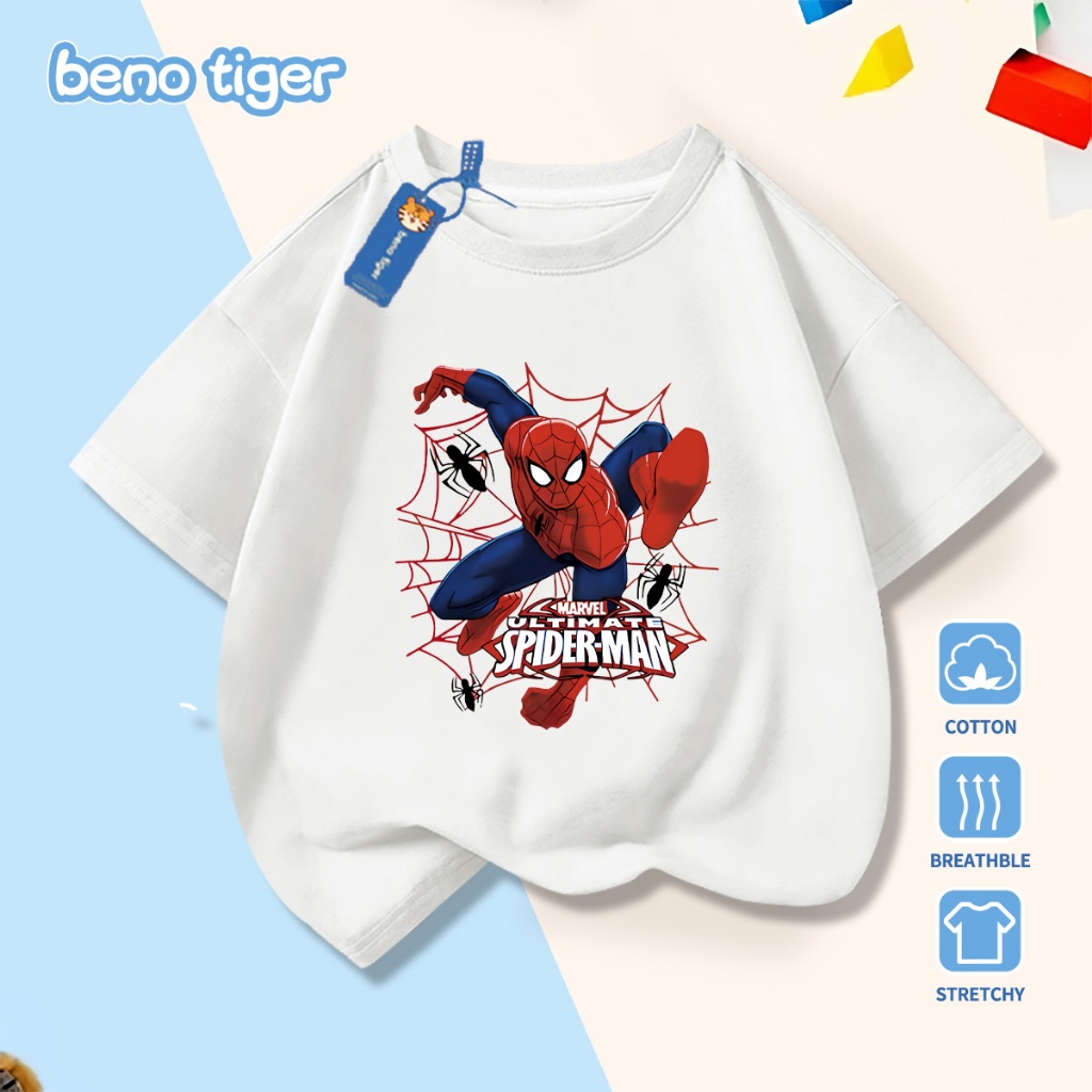 Áo thun bé trai BenoTiger áo phông cộc tay cho bé in hình Spider-Man chất thun cotton mềm mịn thấm hút mồ hôi