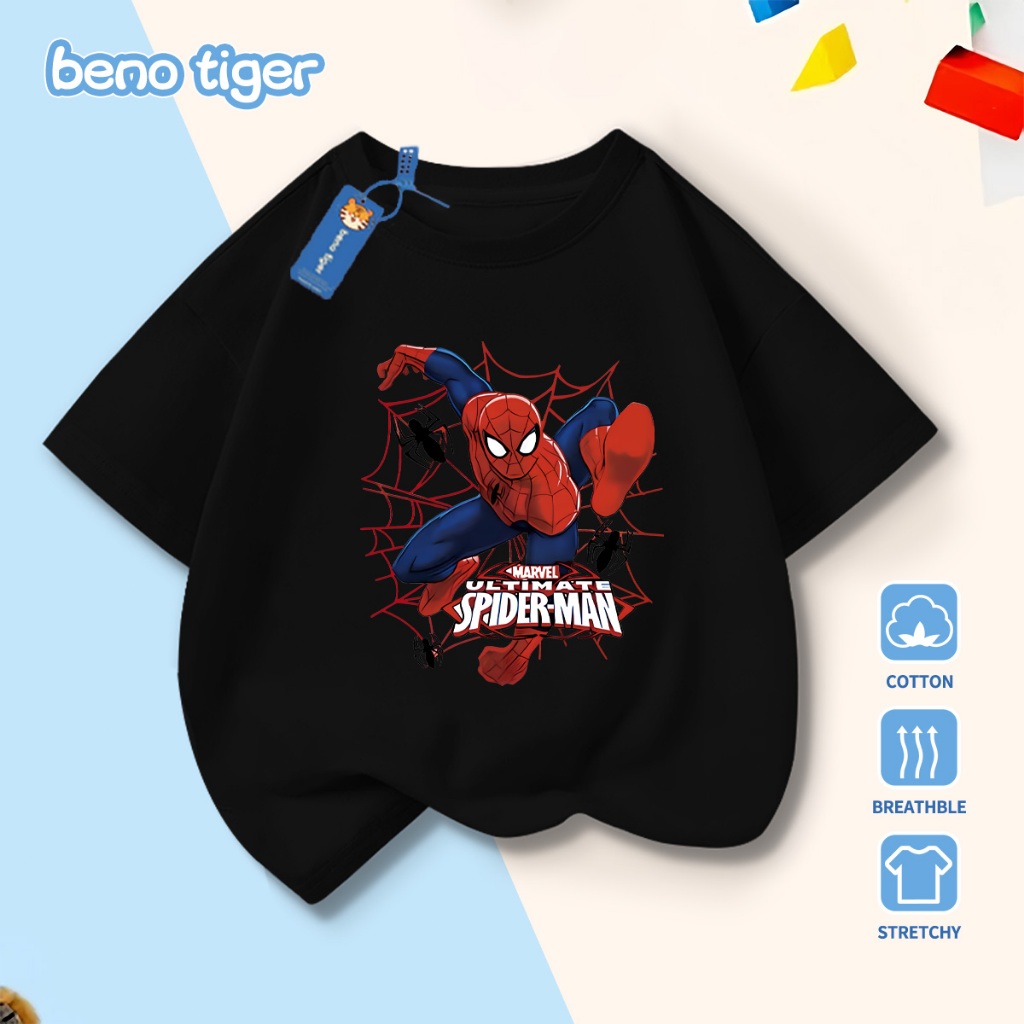 Áo thun bé trai BenoTiger áo phông cộc tay cho bé in hình Spider-Man chất thun cotton mềm mịn thấm hút mồ hôi