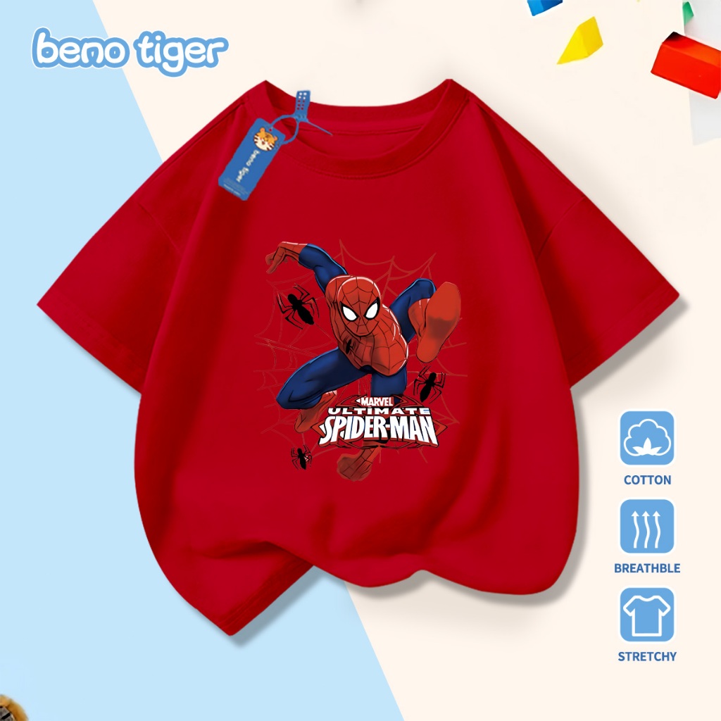 Áo thun bé trai BenoTiger áo phông cộc tay cho bé in hình Spider-Man chất thun cotton mềm mịn thấm hút mồ hôi