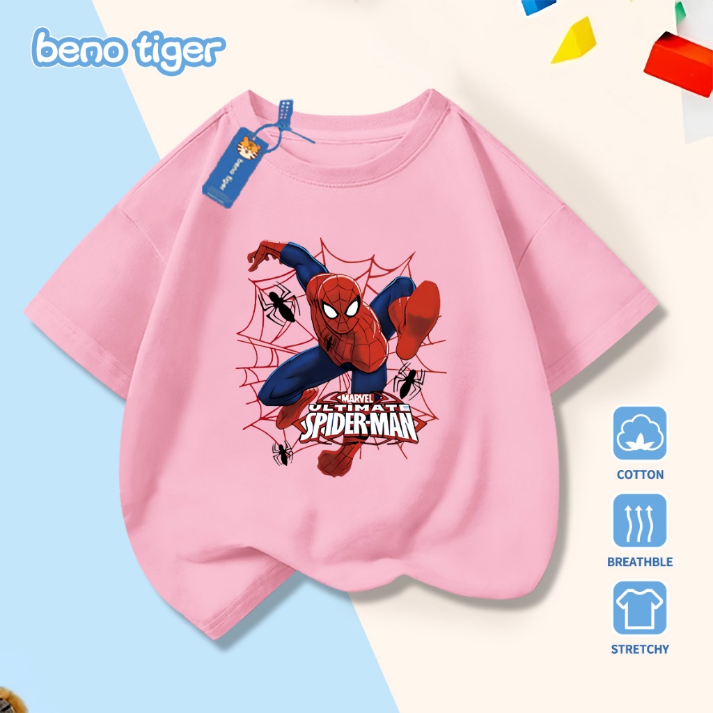 Áo thun bé trai BenoTiger áo phông cộc tay cho bé in hình Spider-Man chất thun cotton mềm mịn thấm hút mồ hôi