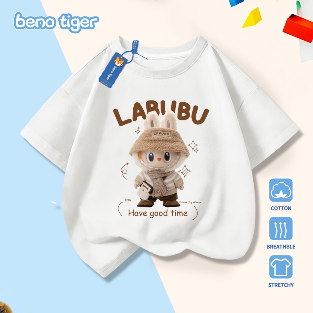 Áo thun bé trai BenoTiger áo phông cộc tay cho bé in hình LABUBU chất thun cotton mềm mịn thấm hút mồ hôi
