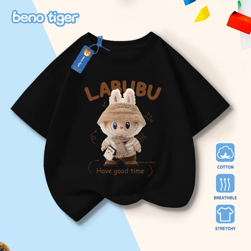 Áo thun bé trai BenoTiger áo phông cộc tay cho bé in hình LABUBU chất thun cotton mềm mịn thấm hút mồ hôi