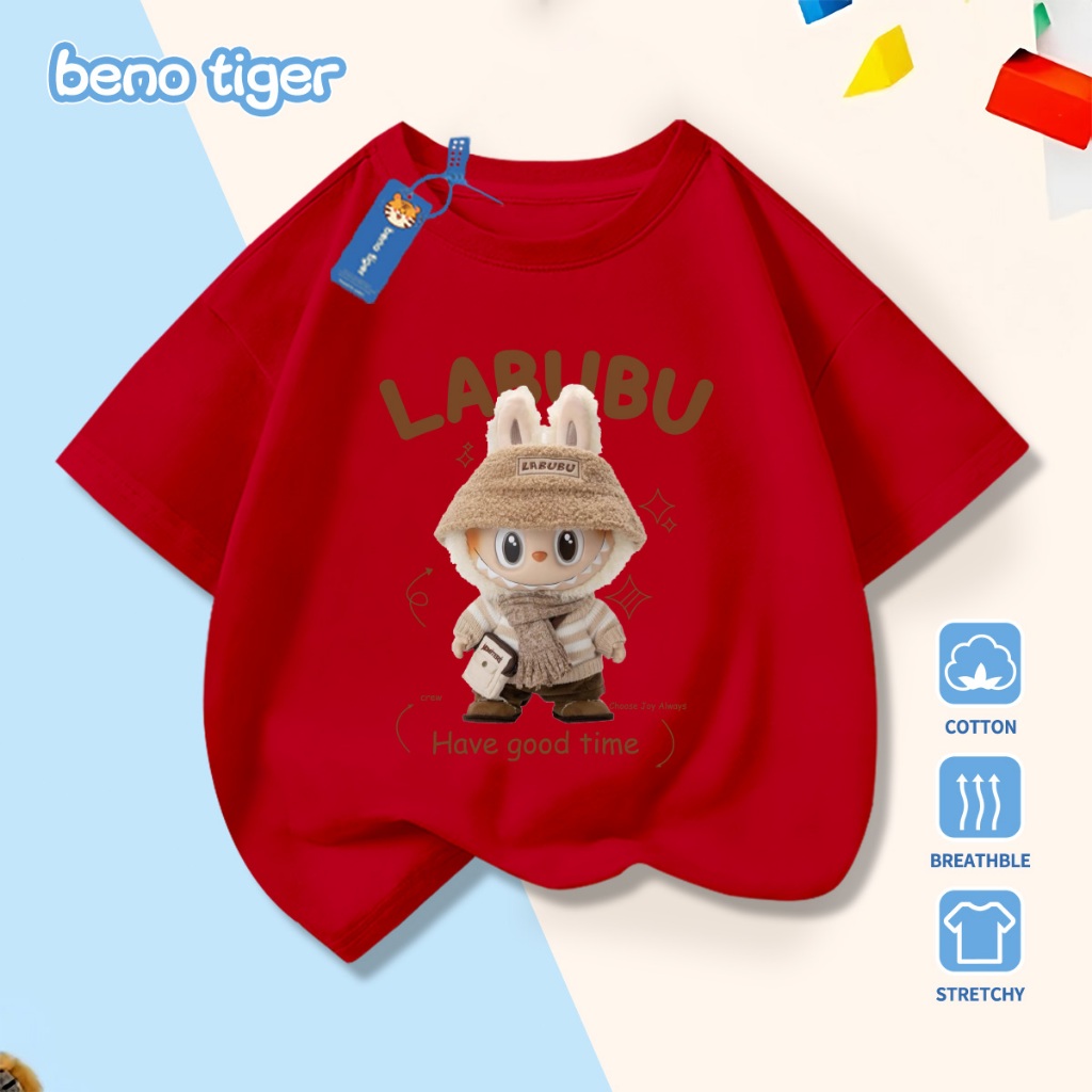 Áo thun bé trai BenoTiger áo phông cộc tay cho bé in hình LABUBU chất thun cotton mềm mịn thấm hút mồ hôi