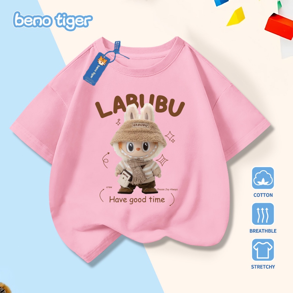 Áo thun bé trai BenoTiger áo phông cộc tay cho bé in hình LABUBU chất thun cotton mềm mịn thấm hút mồ hôi