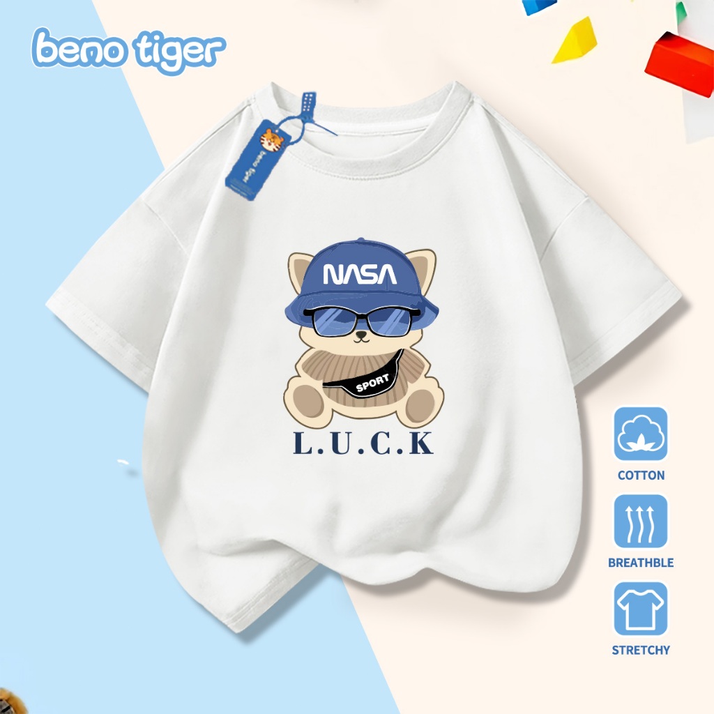 Áo thun bé trai BenoTiger áo phông cộc tay cho bé in hình Blue Hat Bear chất thun cotton mềm mịn thấm hút mồ hôi