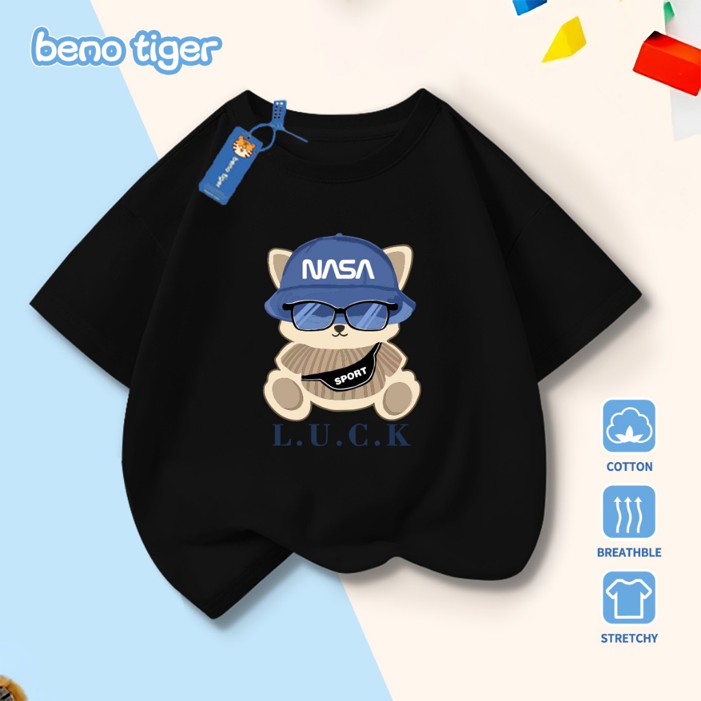 Áo thun bé trai BenoTiger áo phông cộc tay cho bé in hình Blue Hat Bear chất thun cotton mềm mịn thấm hút mồ hôi