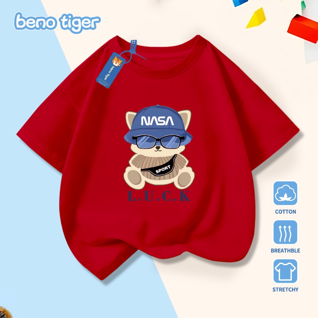 Áo thun bé trai BenoTiger áo phông cộc tay cho bé in hình Blue Hat Bear chất thun cotton mềm mịn thấm hút mồ hôi