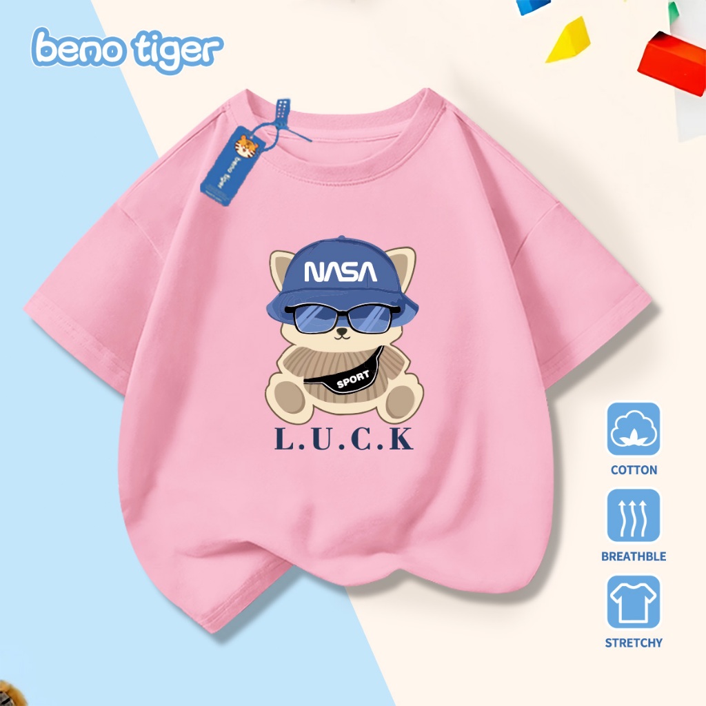 Áo thun bé trai BenoTiger áo phông cộc tay cho bé in hình Blue Hat Bear chất thun cotton mềm mịn thấm hút mồ hôi