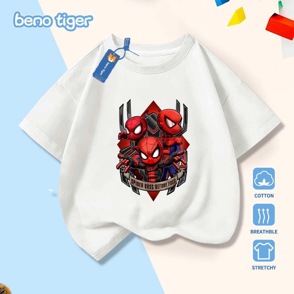 Áo thun bé trai BenoTiger áo phông cộc tay cho bé in hình Spider-Man chất thun cotton mềm mịn thấm hút mồ hôi