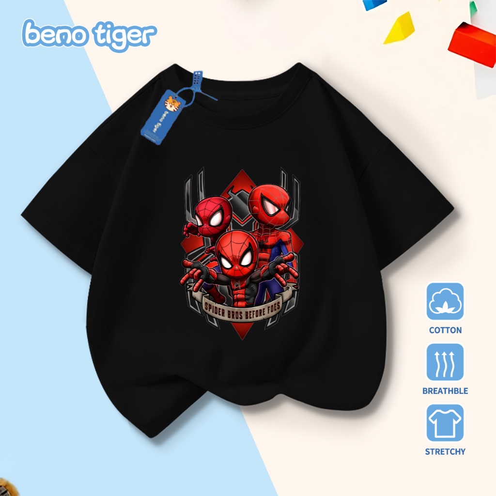 Áo thun bé trai BenoTiger áo phông cộc tay cho bé in hình Spider-Man chất thun cotton mềm mịn thấm hút mồ hôi