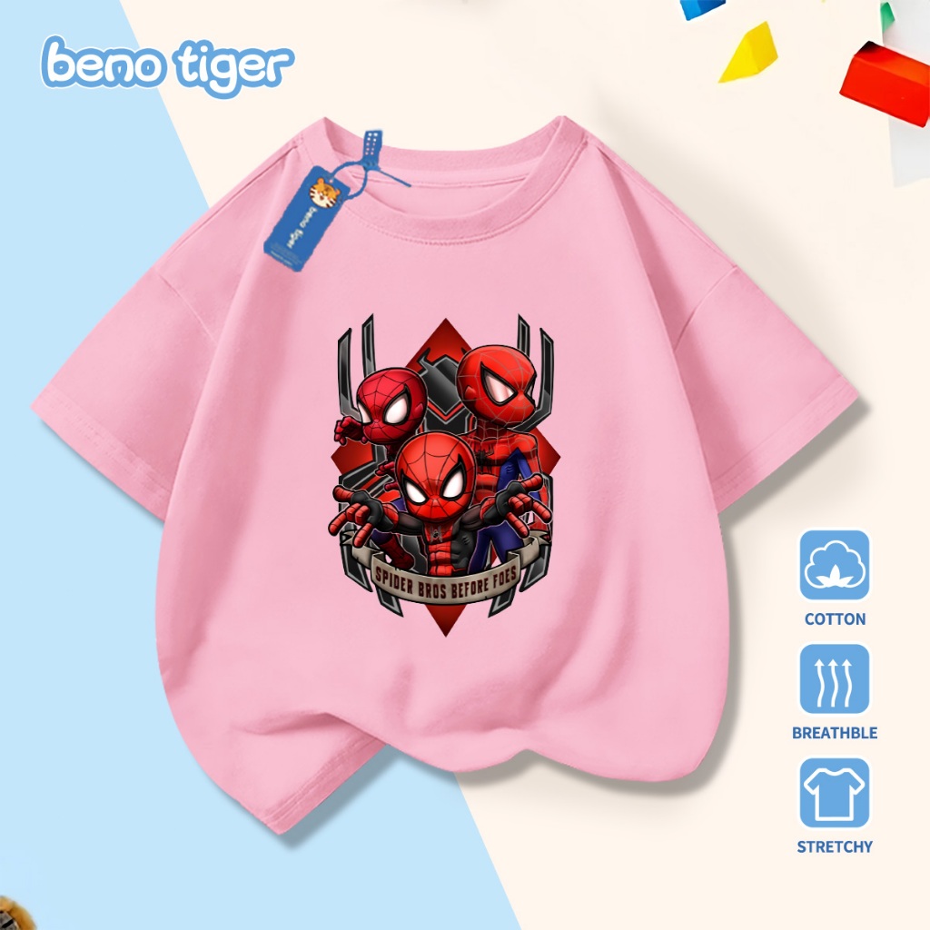 Áo thun bé trai BenoTiger áo phông cộc tay cho bé in hình Spider-Man chất thun cotton mềm mịn thấm hút mồ hôi