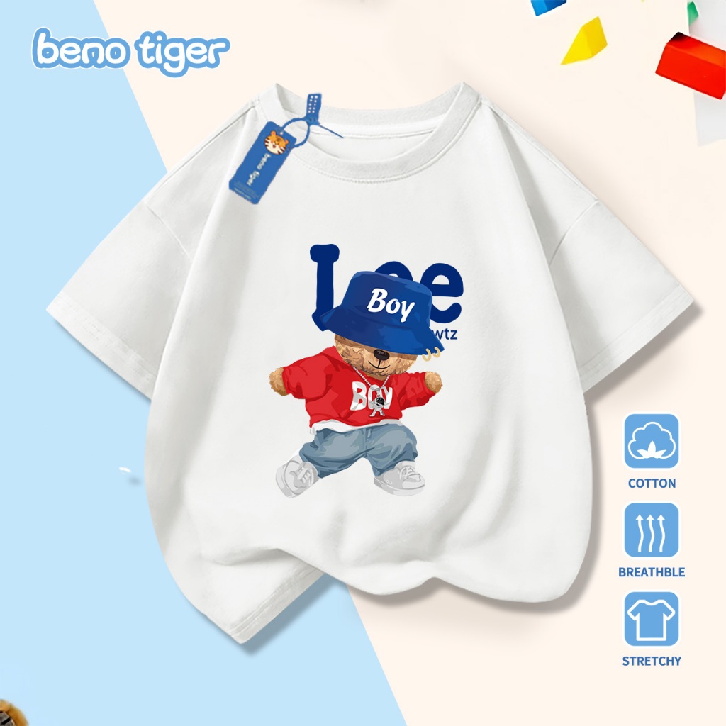 Áo thun bé trai BenoTiger áo phông cộc tay cho bé in hình Blue Hat Bear chất thun cotton mềm mịn thấm hút mồ hôi