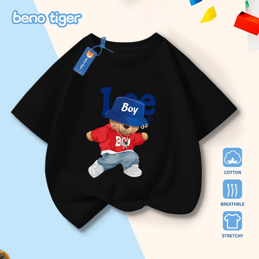Áo thun bé trai BenoTiger áo phông cộc tay cho bé in hình Blue Hat Bear chất thun cotton mềm mịn thấm hút mồ hôi