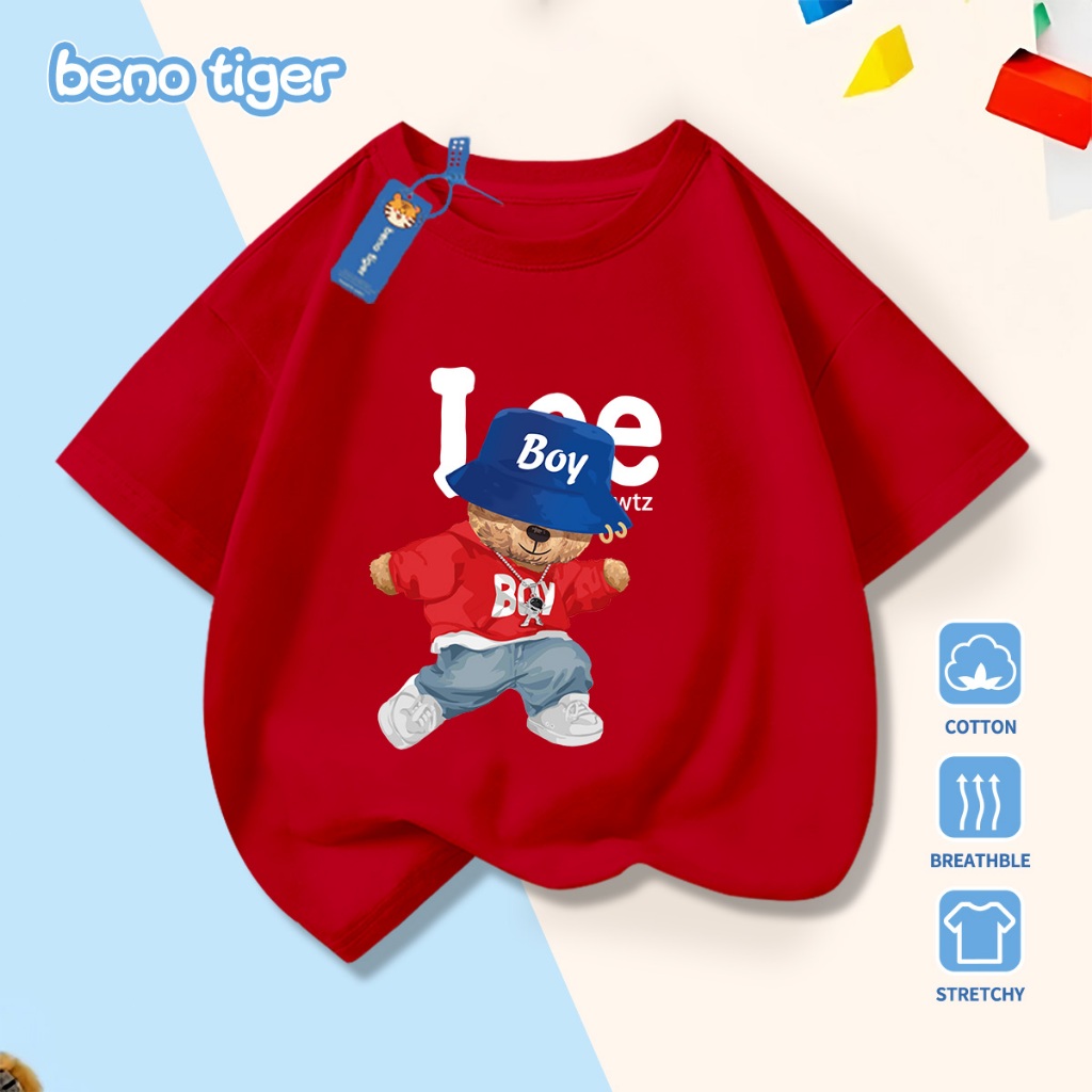 Áo thun bé trai BenoTiger áo phông cộc tay cho bé in hình Blue Hat Bear chất thun cotton mềm mịn thấm hút mồ hôi