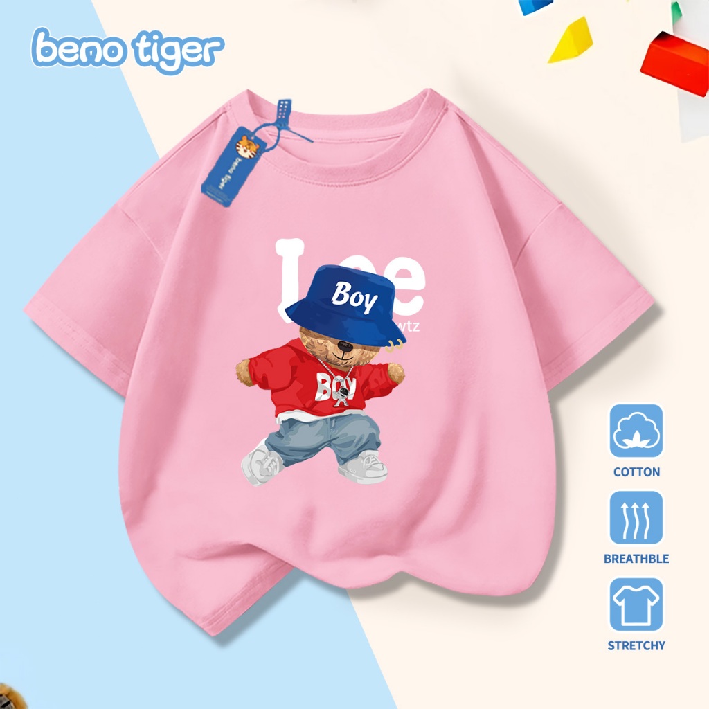 Áo thun bé trai BenoTiger áo phông cộc tay cho bé in hình Blue Hat Bear chất thun cotton mềm mịn thấm hút mồ hôi