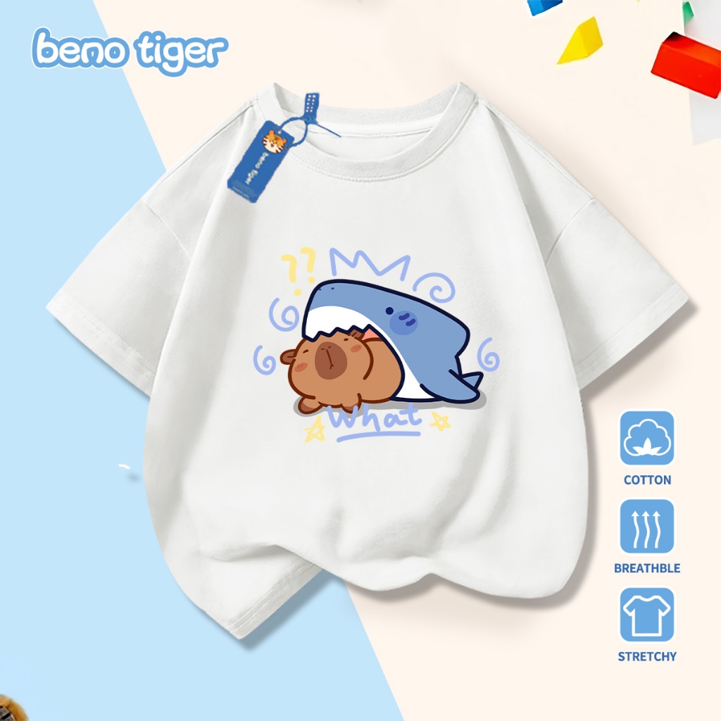 Áo thun bé trai BenoTiger áo phông cộc tay cho bé in hình Capybara chất thun cotton mềm mịn thấm hút mồ hôi