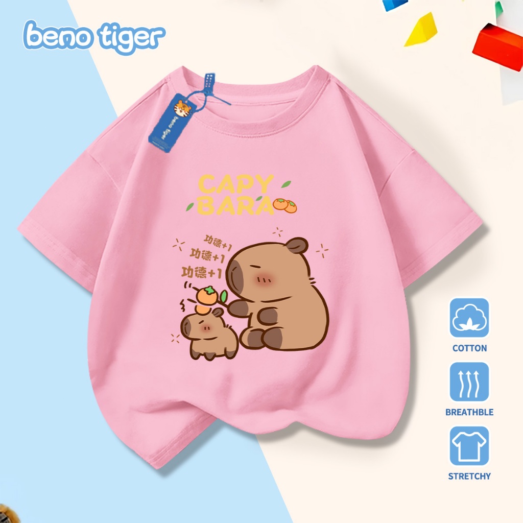 Áo thun bé trai BenoTiger áo phông cộc tay cho bé in hình Capybara chất thun cotton mềm mịn thấm hút mồ hôi