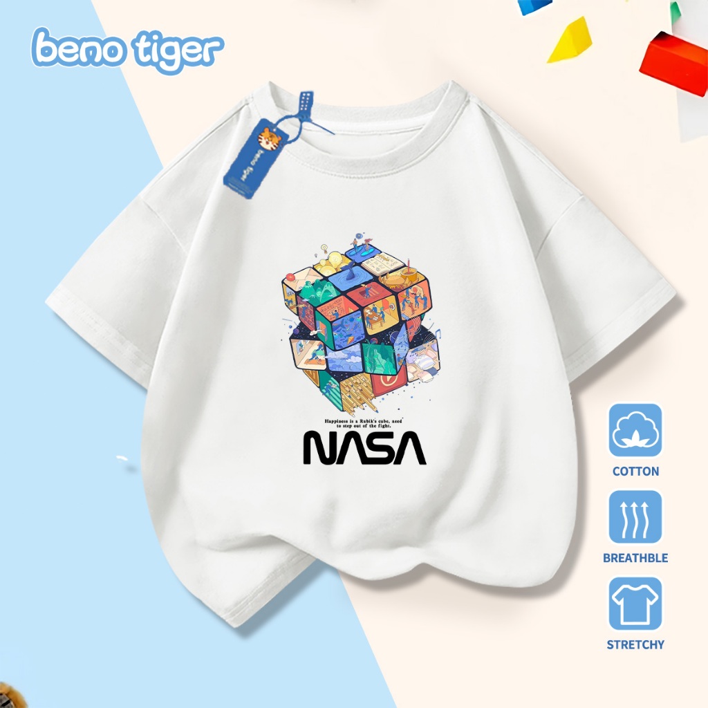 Áo thun bé trai BenoTiger áo phông cộc tay cho bé in hình Rubik's Cube chất thun cotton mềm mịn thấm hút mồ hôi