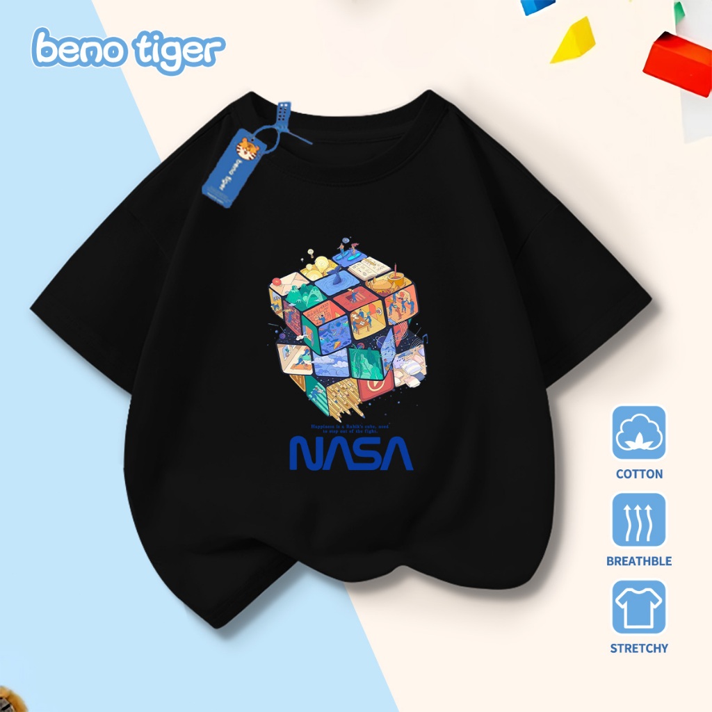 Áo thun bé trai BenoTiger áo phông cộc tay cho bé in hình Rubik's Cube chất thun cotton mềm mịn thấm hút mồ hôi