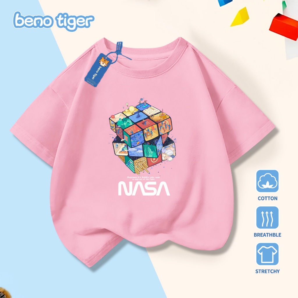 Áo thun bé trai BenoTiger áo phông cộc tay cho bé in hình Rubik's Cube chất thun cotton mềm mịn thấm hút mồ hôi