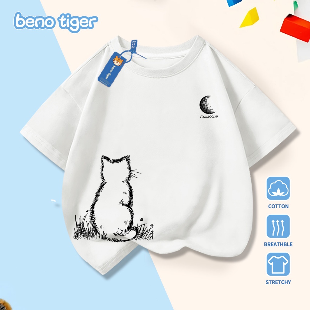 Áo thun bé trai BenoTiger áo phông cộc tay cho bé in hình Kitten gazing at the moon chất thun cotton mềm mịn thấm hút mồ hôi