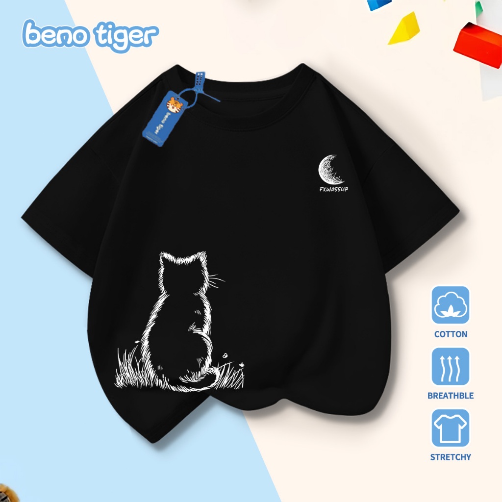 Áo thun bé trai BenoTiger áo phông cộc tay cho bé in hình Kitten gazing at the moon chất thun cotton mềm mịn thấm hút mồ hôi