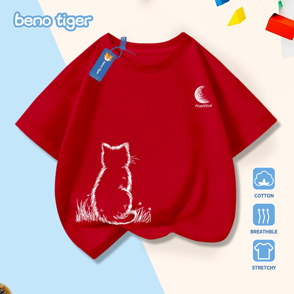 Áo thun bé trai BenoTiger áo phông cộc tay cho bé in hình Kitten gazing at the moon chất thun cotton mềm mịn thấm hút mồ hôi