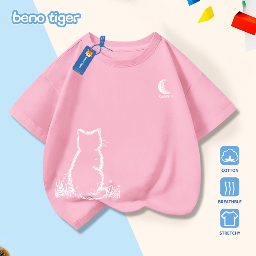 Áo thun bé trai BenoTiger áo phông cộc tay cho bé in hình Kitten gazing at the moon chất thun cotton mềm mịn thấm hút mồ hôi