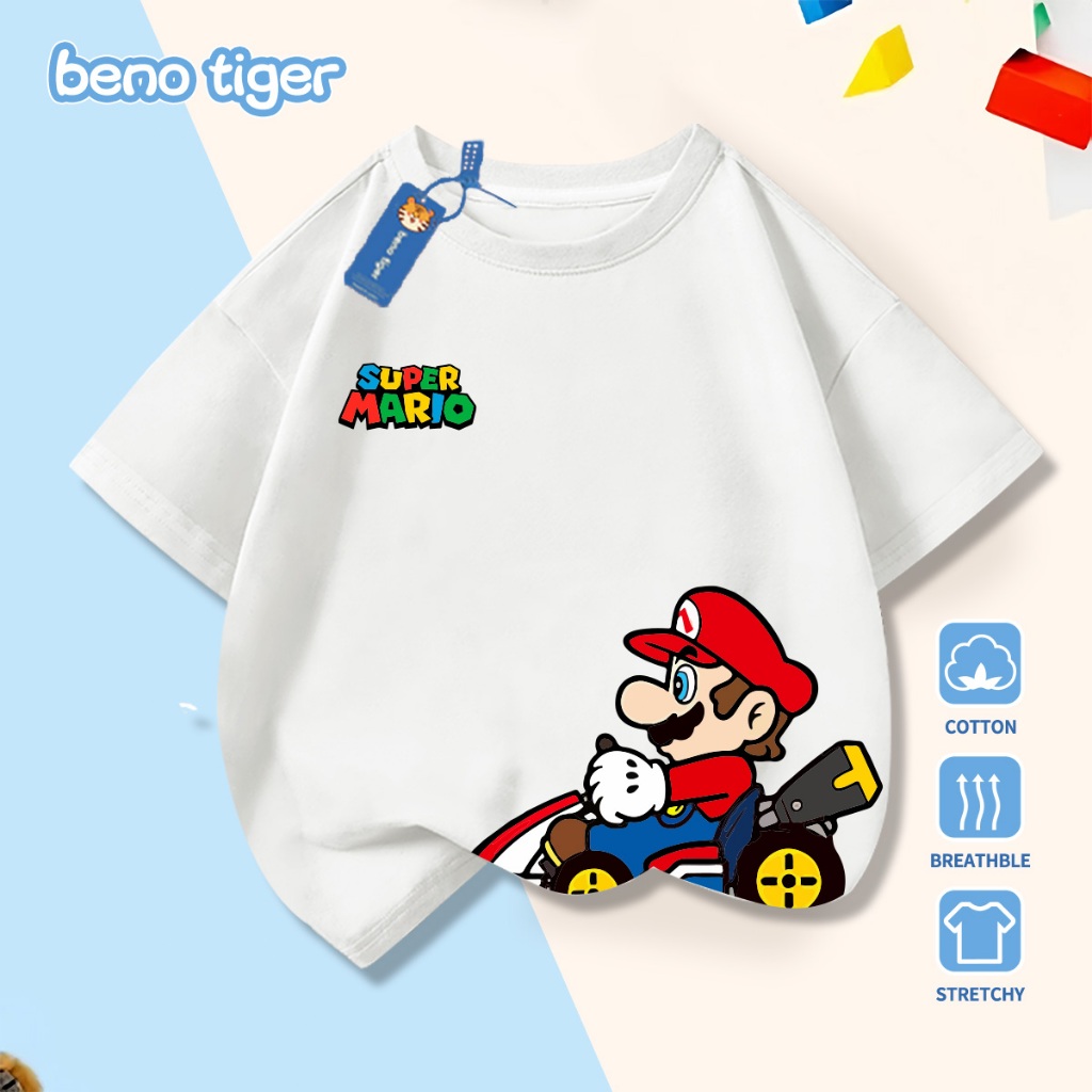 Áo thun bé trai BenoTiger áo phông cộc tay cho bé in hình Mario chất thun cotton mềm mịn thấm hút mồ hôi