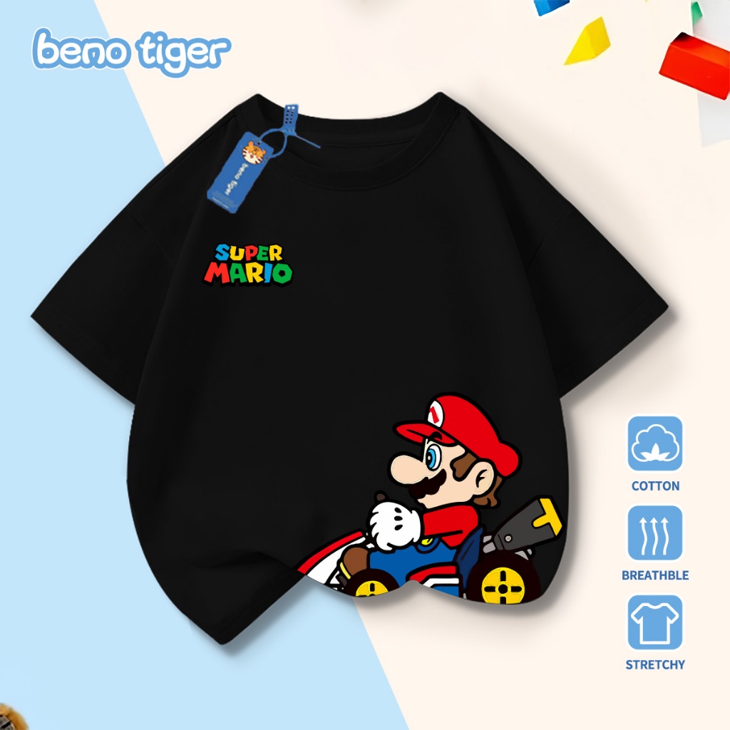 Áo thun bé trai BenoTiger áo phông cộc tay cho bé in hình Mario chất thun cotton mềm mịn thấm hút mồ hôi