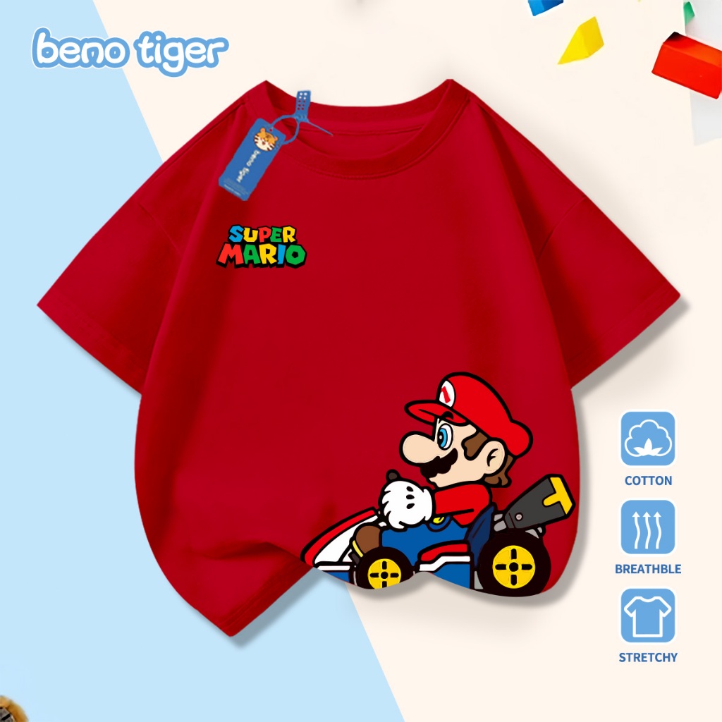 Áo thun bé trai BenoTiger áo phông cộc tay cho bé in hình Mario chất thun cotton mềm mịn thấm hút mồ hôi