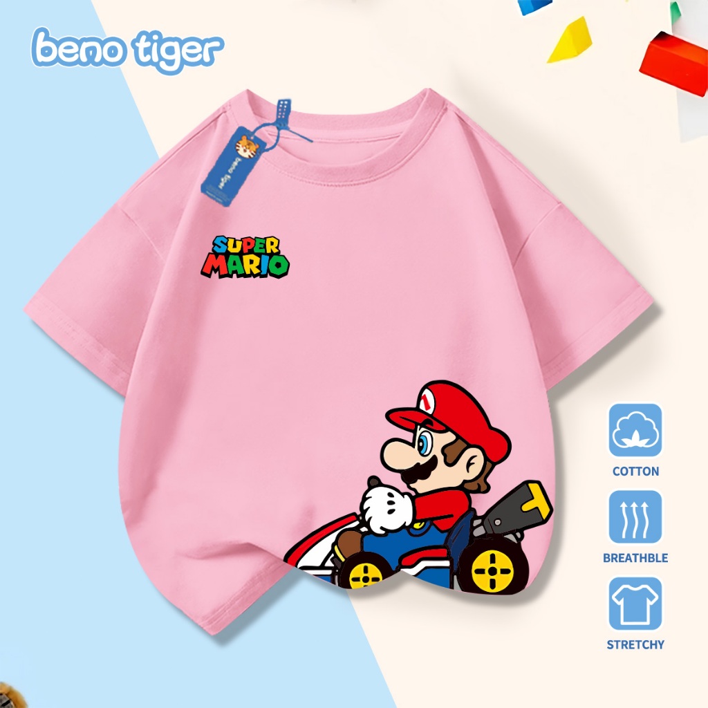 Áo thun bé trai BenoTiger áo phông cộc tay cho bé in hình Mario chất thun cotton mềm mịn thấm hút mồ hôi