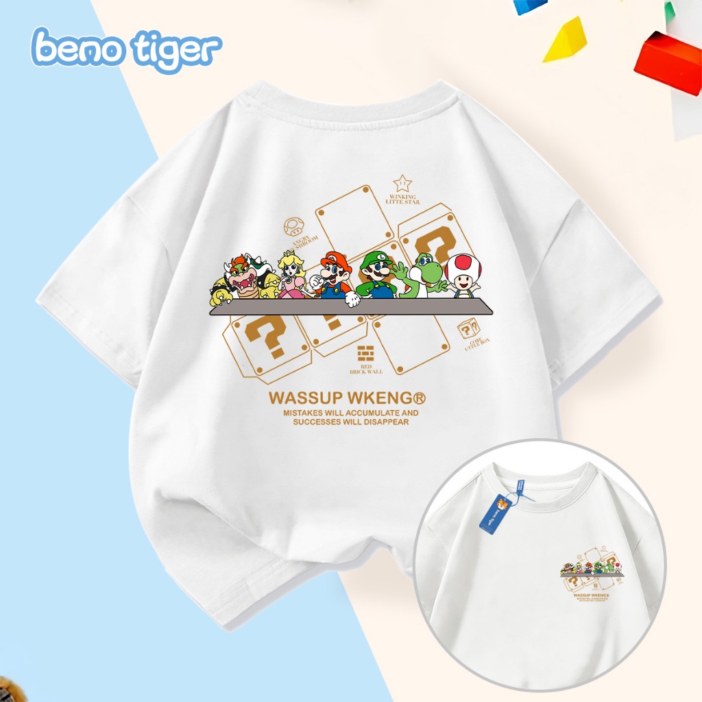 Áo thun bé trai BenoTiger áo phông cộc tay cho bé in hình Mario chất thun cotton mềm mịn thấm hút mồ hôi