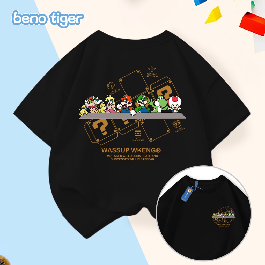 Áo thun bé trai BenoTiger áo phông cộc tay cho bé in hình Mario chất thun cotton mềm mịn thấm hút mồ hôi