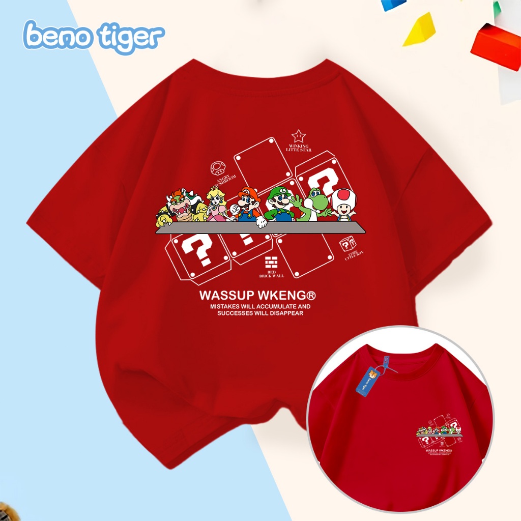 Áo thun bé trai BenoTiger áo phông cộc tay cho bé in hình Mario chất thun cotton mềm mịn thấm hút mồ hôi