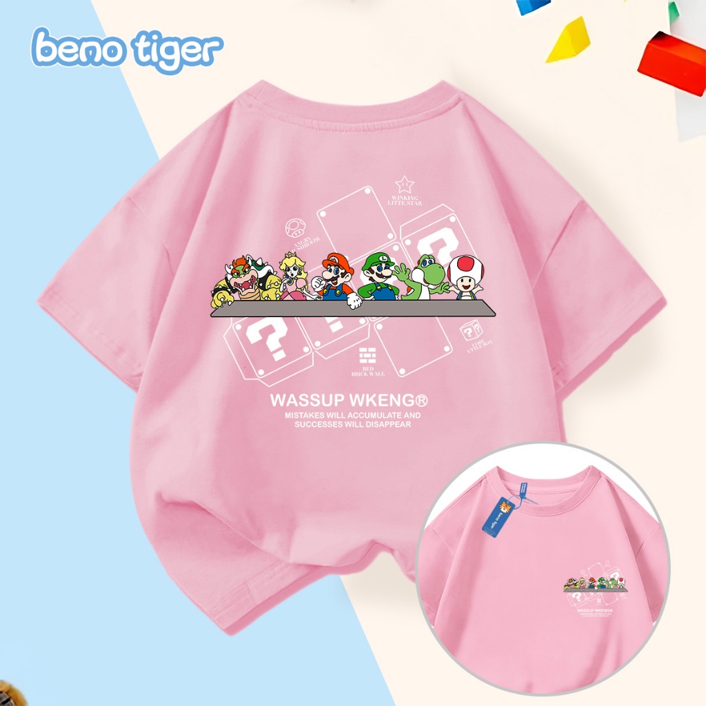 Áo thun bé trai BenoTiger áo phông cộc tay cho bé in hình Mario chất thun cotton mềm mịn thấm hút mồ hôi