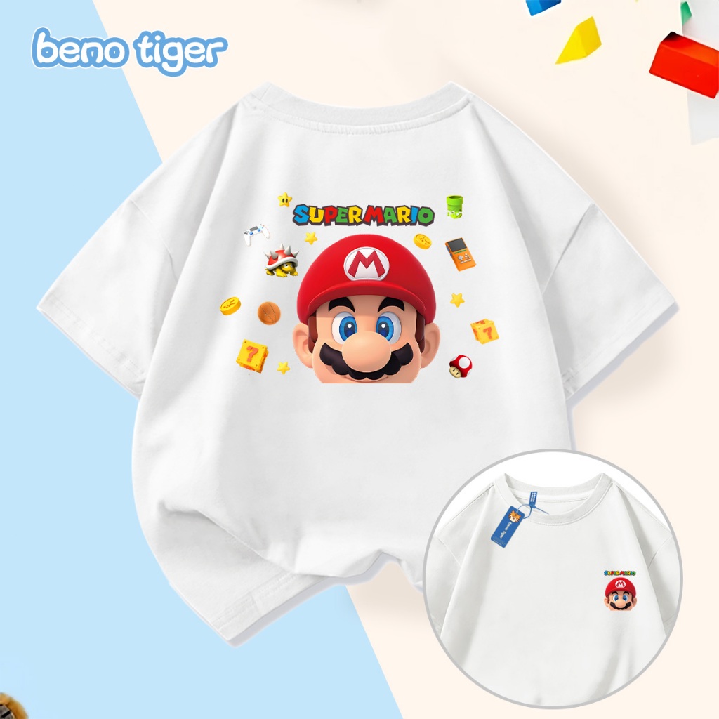 Áo thun bé trai BenoTiger áo phông cộc tay cho bé in hình Mario chất thun cotton mềm mịn thấm hút mồ hôi