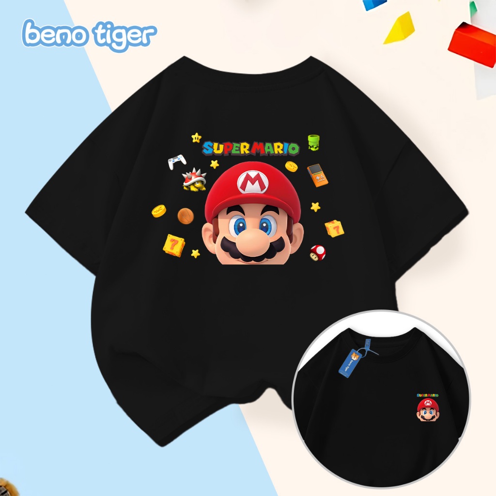Áo thun bé trai BenoTiger áo phông cộc tay cho bé in hình Mario chất thun cotton mềm mịn thấm hút mồ hôi