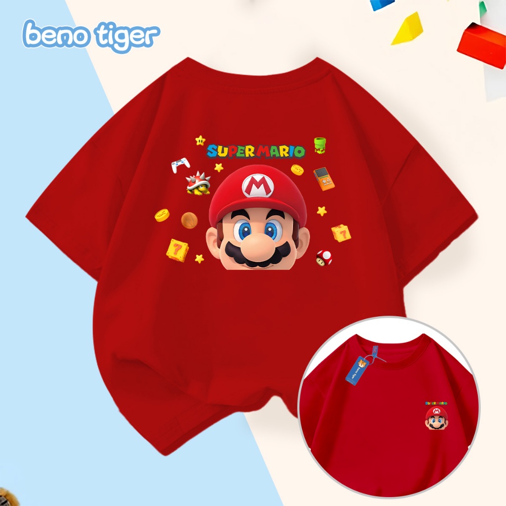 Áo thun bé trai BenoTiger áo phông cộc tay cho bé in hình Mario chất thun cotton mềm mịn thấm hút mồ hôi