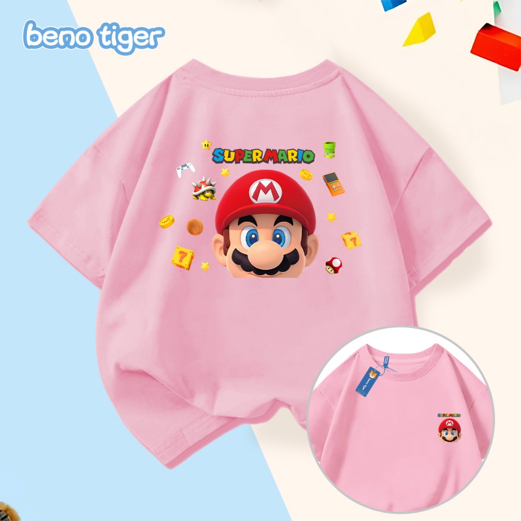 Áo thun bé trai BenoTiger áo phông cộc tay cho bé in hình Mario chất thun cotton mềm mịn thấm hút mồ hôi