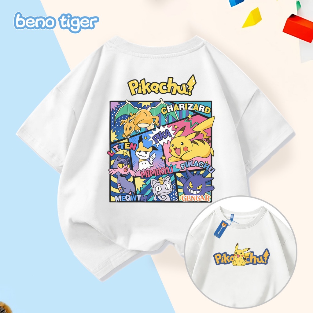 Áo thun bé trai BenoTiger áo phông cộc tay cho bé in hình Pokémon chất thun cotton mềm mịn thấm hút mồ hôi