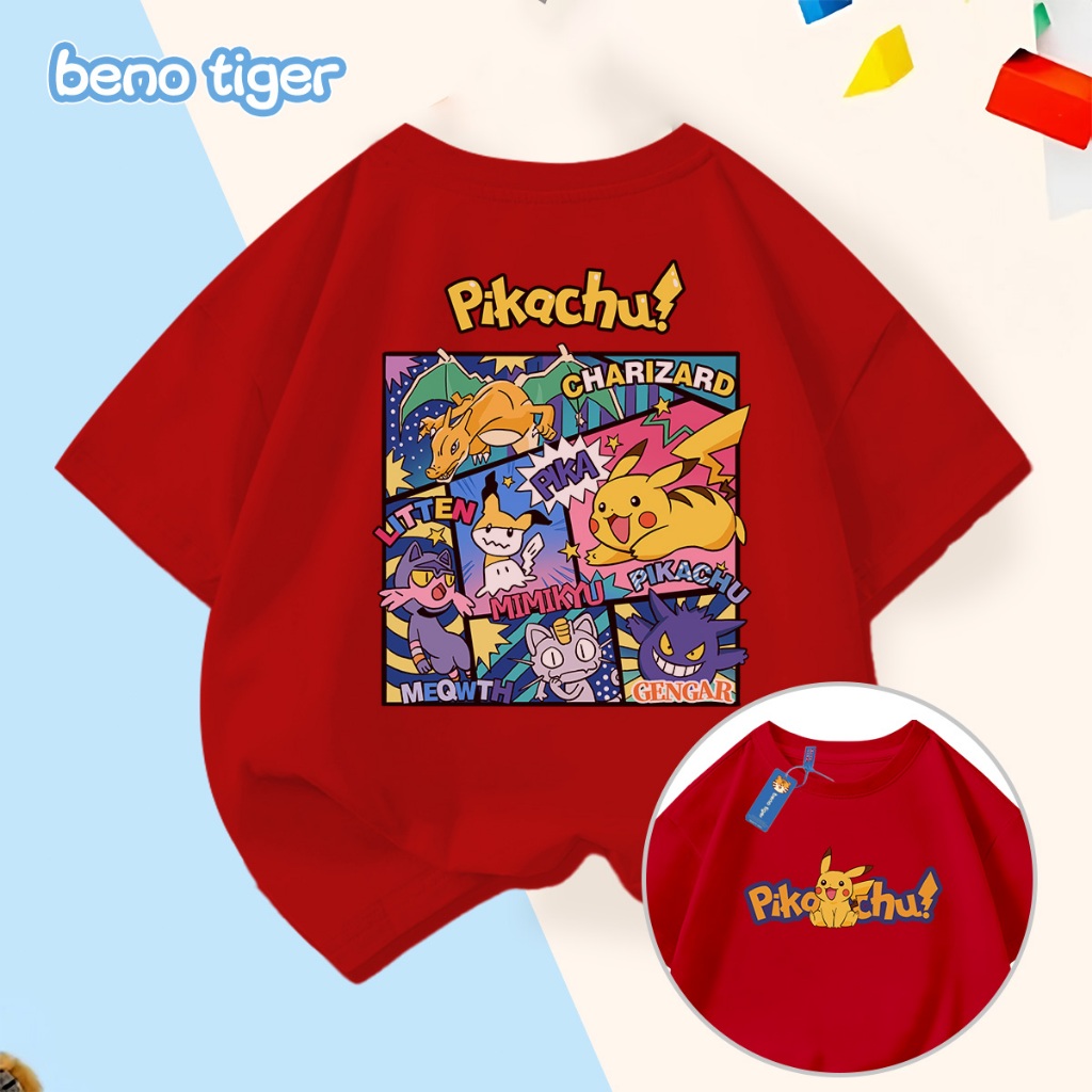 Áo thun bé trai BenoTiger áo phông cộc tay cho bé in hình Pokémon chất thun cotton mềm mịn thấm hút mồ hôi