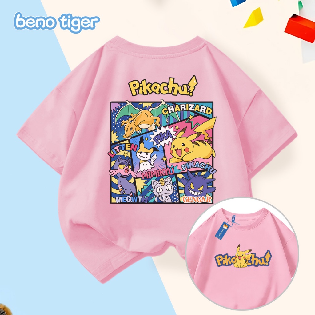 Áo thun bé trai BenoTiger áo phông cộc tay cho bé in hình Pokémon chất thun cotton mềm mịn thấm hút mồ hôi